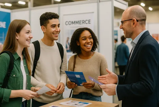 3 étudiants qui se renseignent pour étudier le commerce