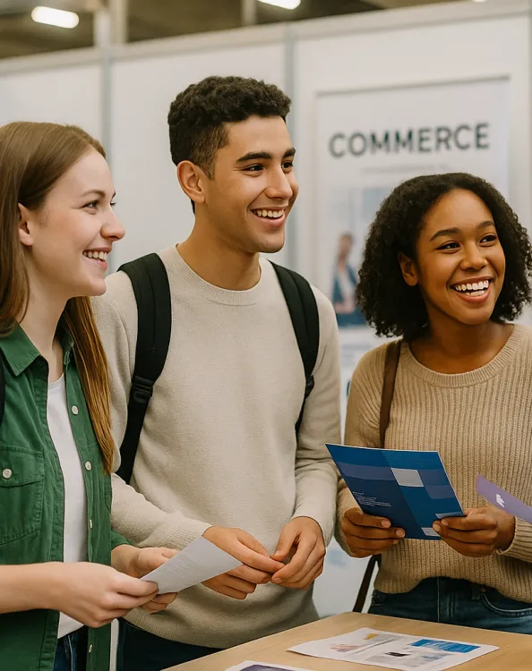 3 étudiants qui se renseignent pour étudier le commerce