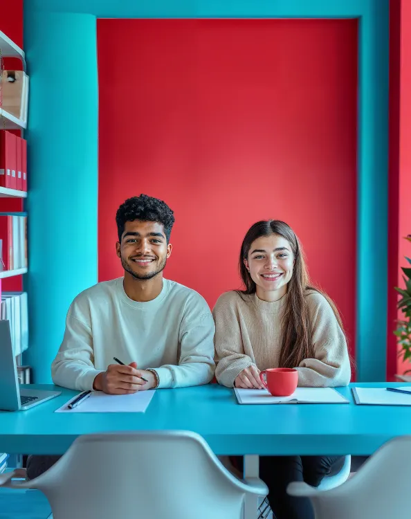 Deux étudiants assis à une table avec des documents et un ordinateur portable